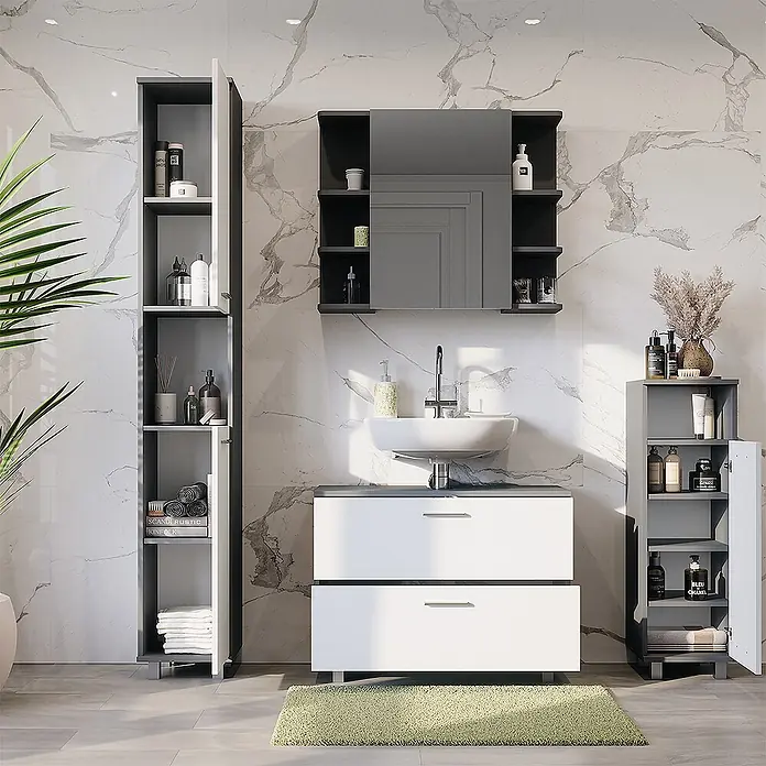 Vicco Badmöbel-Set Ilias Anthrazit/Weiß 4 Teile - Anthrazit, Matt - Dunkelgraues und weißes Badmöbel-Set mit Hochschrank, Waschtisch mit Waschbecken, Spiegelschrank und kleinem Schrank.