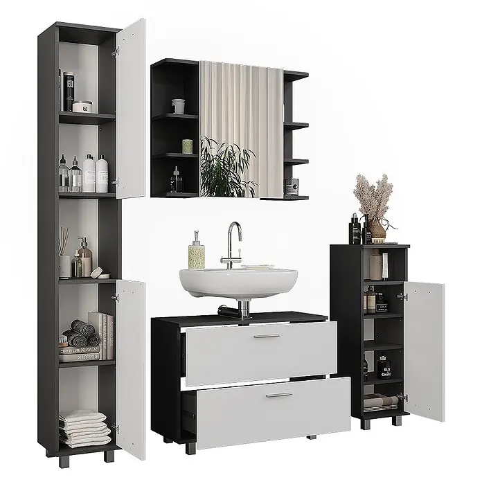 Vicco Badmöbel-Set Ilias Anthrazit/Weiß 4 Teile - Anthrazit, Matt - Modernes Badmöbelset in Schwarz-Weiß mit Hochschrank, Waschbeckenunterschrank, Spiegelschrank und Beistellschrank.