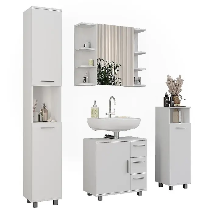 Vicco Badmöbel-Set Ilias Weiß 4 Teile - Weiß, Matt - Weißes Badmöbel-Set mit Hochschrank, Waschtisch mit Waschbecken, Spiegelschrank und kleinem Aufbewahrungsschrank.
