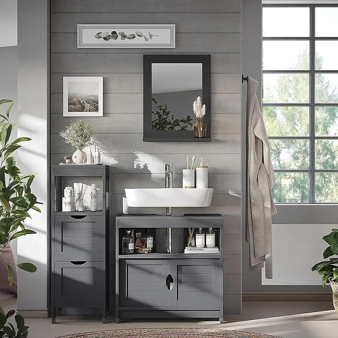 Vicco Badmöbel-Set Vilda Grau 3 Teile - Grau, Matt - Grauer Badezimmerschrank mit Waschbecken und passendem Hochschrank im Badezimmer.