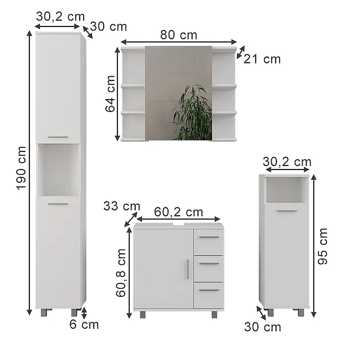 Vicco Badmöbel-Set Ilias Weiß 4 Teile - Weiß, Matt - Weißes Badmöbel-Set mit verschiedenen Schränken und Spiegeleinheit, Maße angezeigt.