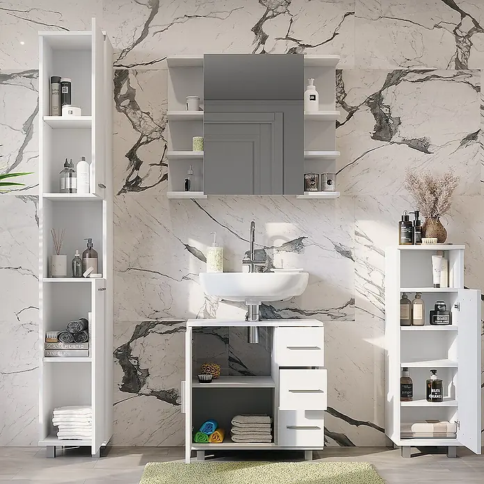 Vicco Badmöbel-Set Ilias Weiß 4 Teile - Weiß, Matt - Weißes Badmöbel-Set mit Waschtisch, Waschbecken, Spiegelschrank und Stauraumschränken.