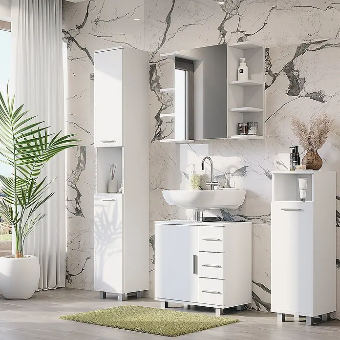 Vicco Badmöbel-Set Ilias Weiß 4 Teile - Weiß, Matt - Weißes Badmöbelset mit Waschbecken, Spiegelschrank und Aufbewahrungsschränken.