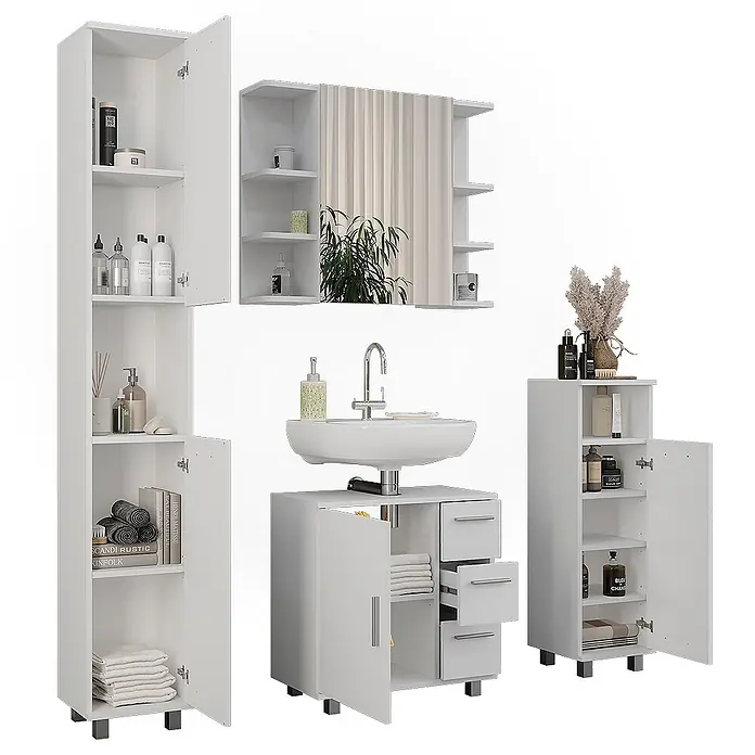 Vicco Badmöbel-Set Ilias Weiß 4 Teile - Weiß, Matt - Weißes Badmöbelset mit Hochschrank, Spiegelschrank, Waschtisch mit Waschbecken und Aufbewahrungsschrank.