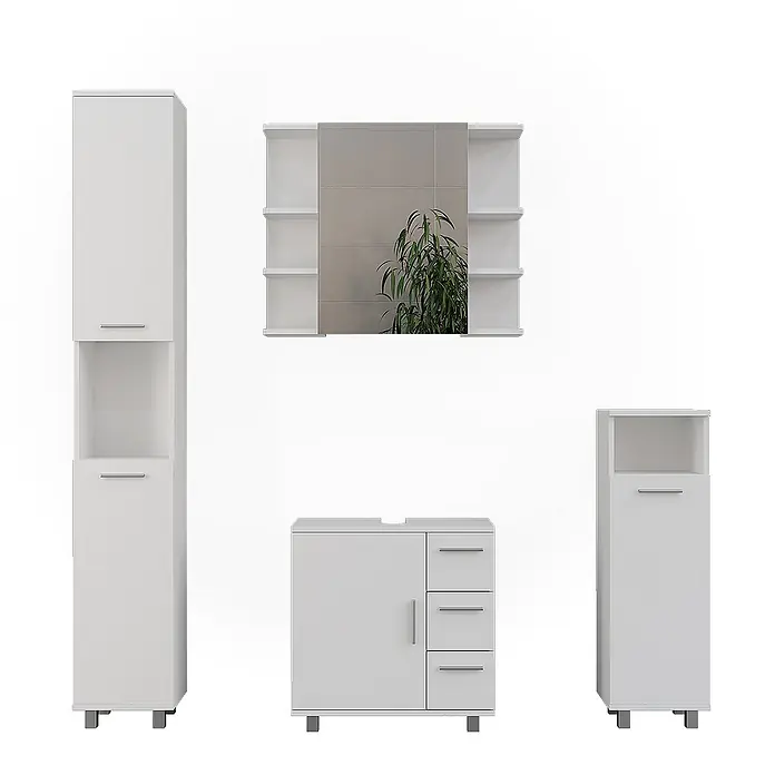 Vicco Badmöbel-Set Ilias Weiß 4 Teile - Weiß, Matt - Weißes Badmöbelset: Hochschrank, Spiegelschrank, Waschtischunterschrank und Kommode.