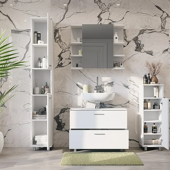 Vicco Badmöbel-Set Ilias Weiß 4 Teile - Weiß, Matt - Modernes weißes Badezimmer-Set mit Waschbecken, Spiegel und zwei Hochschränken.
