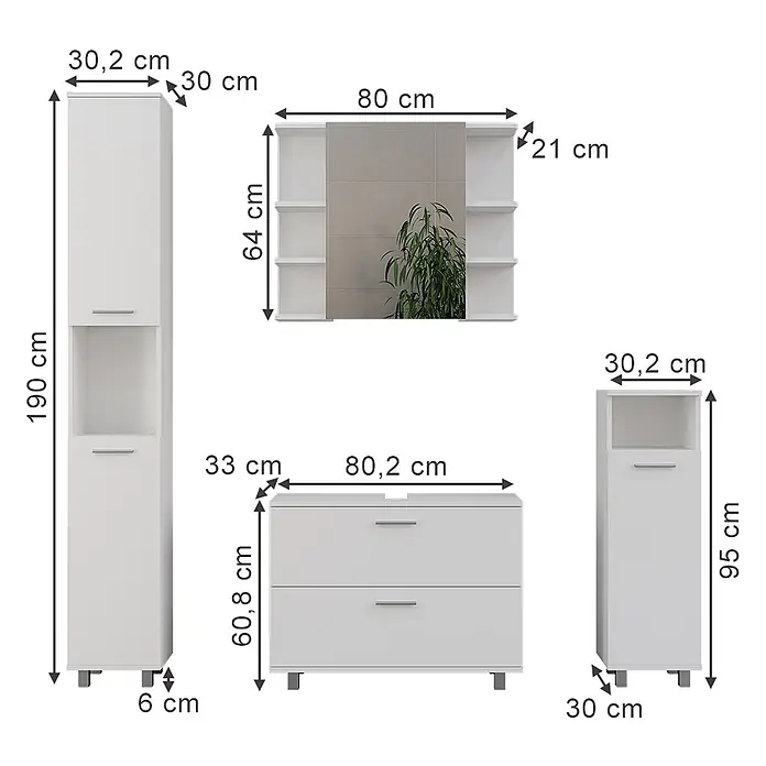 Vicco Badmöbel-Set Ilias Weiß 4 Teile - Weiß, Matt - Weißes Badmöbelset: Hochschrank, Spiegelschrank, Waschtischunterschrank und Kommode, mit Maßen dargestellt.