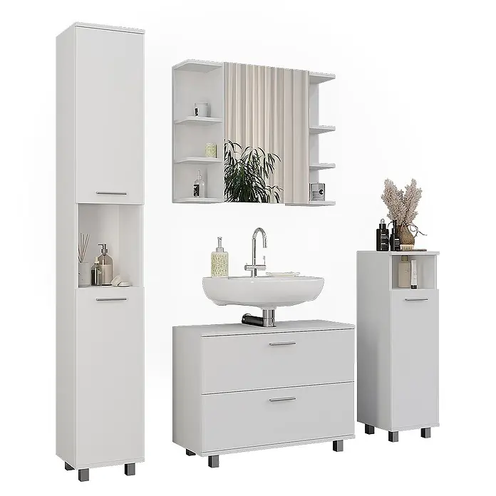 Vicco Badmöbel-Set Ilias Weiß 4 Teile - Weiß, Matt - Weißes Badmöbel-Set: Hochschrank, Waschtisch mit Waschbecken, Spiegelschrank und kleinerer Unterschrank.