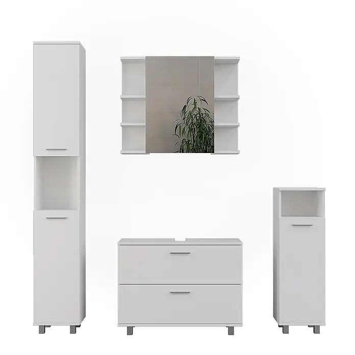 Vicco Badmöbel-Set Ilias Weiß 4 Teile - Weiß, Matt - Weißes Badmöbel-Set: zwei Hochschränke, ein Waschtischunterschrank mit Schubladen und ein Spiegelschrank mit offenen Regalen.