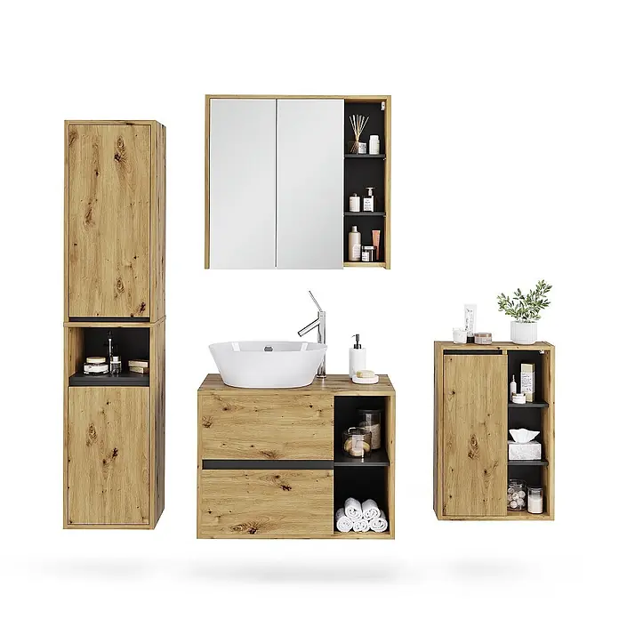 Vicco Badmöbel-Set Viola Artisan/Grau 4 Teile - Artisan-Eiche, Matt - Badezimmermöbel-Set in heller Eiche und Dunkelgrau mit Hochschrank, Waschtisch, Spiegelschrank und kleinerem Schrank.