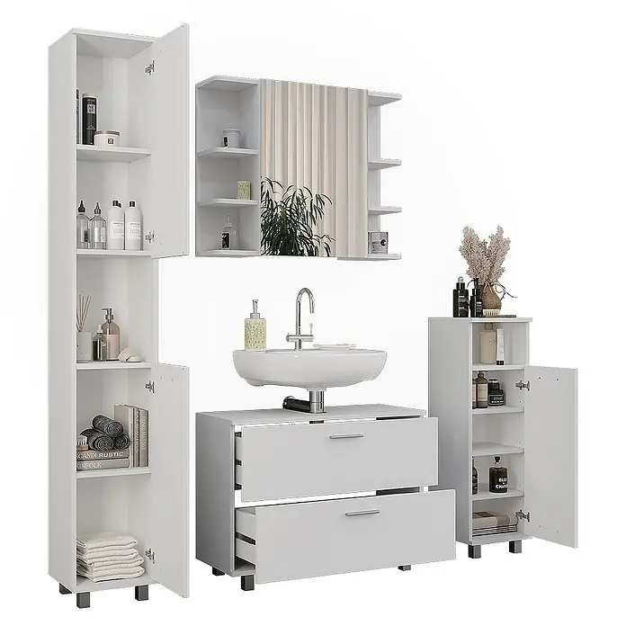 Vicco Badmöbel-Set Ilias Weiß 4 Teile - Weiß, Matt - Weißes Badmöbelset aus Holz mit Hoch- und Unterschränken, einem Spiegelschrank und einem Waschtisch mit integriertem Waschbecken.