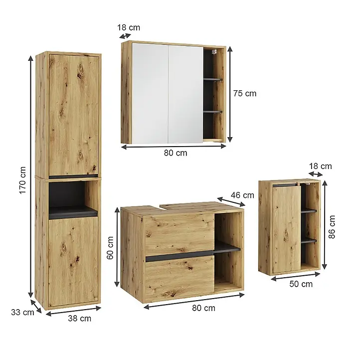 Vicco Badmöbel-Set Viola Artisan/Grau 4 Teile - Artisan-Eiche, Matt - Vierteiliges helles Badmöbel-Set aus Holz mit dunklen Akzenten, bestehend aus Hochschrank, Spiegelschrank, Waschbeckenunterschrank und Seitenschrank.