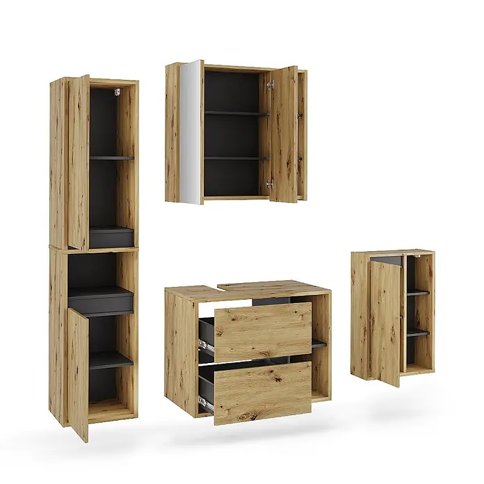Vicco Badmöbel-Set Viola Artisan/Grau 4 Teile - Artisan-Eiche, Matt - Modulares Badmöbel-Set in heller Holzoptik mit dunklem Interieur, bestehend aus Hochschrank, Waschtischunterschrank und Hängeschränken, einer mit Spiegel.