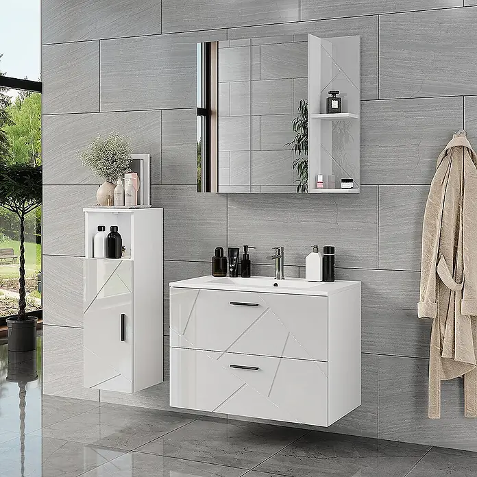 Vicco Badmöbel-Set Irma Weiß/Weiß Hochglanz 4 Teile - Weiß, Glänzend - Modernes weißes Hochglanz-Badmöbelset mit geometrischem Muster, bestehend aus Waschbecken, Spiegelschrank und Seitenschrank.