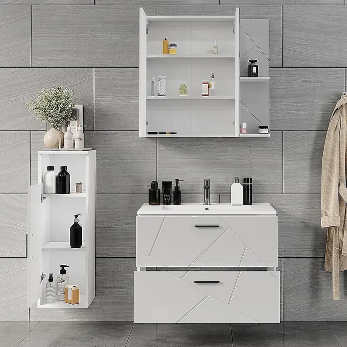 Vicco Badmöbel-Set Irma Weiß/Weiß Hochglanz 4 Teile - Weiß, Glänzend - Weißes wandmontiertes Badmöbelset mit Waschbecken, gemusterten Schubladen, Hochschrank und Spiegelschrank.