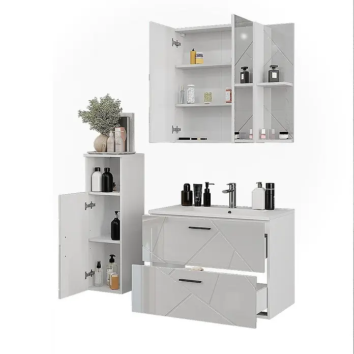 Vicco Badmöbel-Set Irma Weiß/Weiß Hochglanz 4 Teile - Weiß, Glänzend - Weißes, glänzendes Badezimmerset mit geometrischem Muster, Waschbeckenunterschrank, Hochschrank und Spiegelschrank.