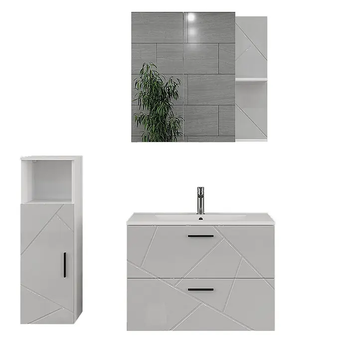 Vicco Badmöbel-Set Irma Weiß/Weiß Hochglanz 4 Teile - Weiß, Glänzend - Hellgrauer Badunterschrank mit zwei geometrischen Schubladen, integriertem Waschbecken, Chromarmatur. Passender Hochschrank mit Tür und offenem Regal.