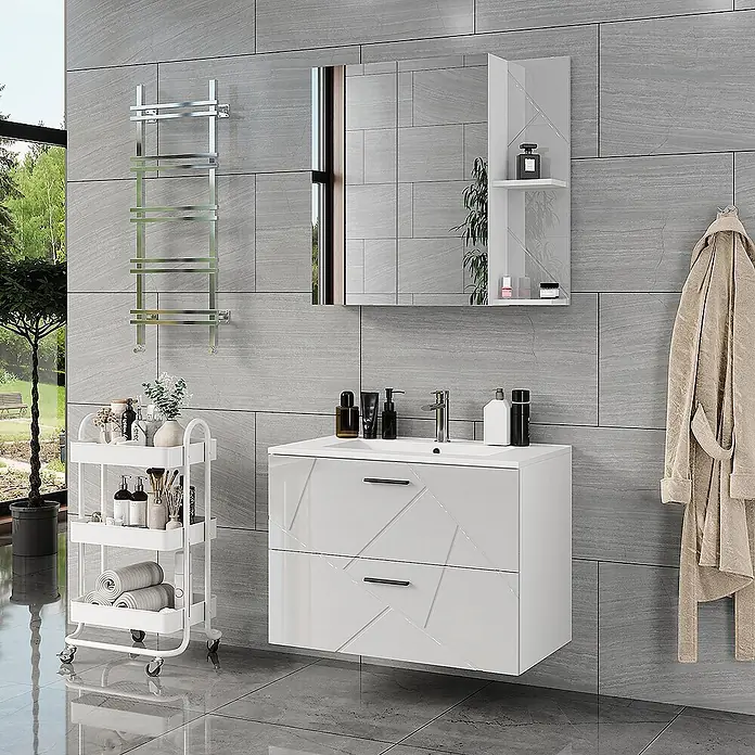 Vicco Badmöbel-Set Irma Weiß/Weiß Hochglanz 3 Teile - Weiß, Glänzend - Weißer glänzender schwimmender Badwaschtisch mit geometrischen Schubladenfronten und integriertem Waschbecken.