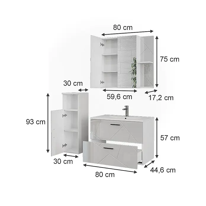 Vicco Badmöbel-Set Irma Weiß/Weiß Hochglanz 4 Teile - Weiß, Glänzend - Weißes Badmöbel-Set mit geometrischem Design, bestehend aus Waschtischunterschrank, Spiegelschrank und Hochschrank.