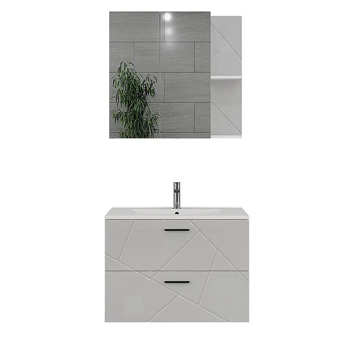 Vicco Badmöbel-Set Irma Weiß/Weiß Hochglanz 3 Teile - Weiß, Glänzend - Hellgrauer wandmontierter Badunterschrank mit geometrischen Schubladen, Waschbecken und Armatur, sowie passendem Wandschrank.