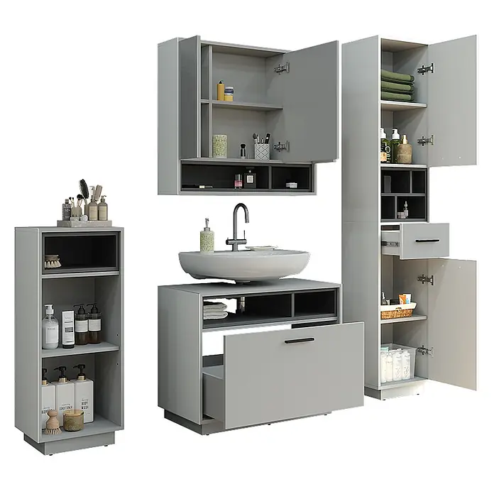 Vicco Badmöbel-Set Beatrice Grau/Anthrazit Set 4 - Grau, Matt - Hellesgraues modulares Badmöbelset mit Waschbeckenunterschrank, Wandschrank, Hochschrank und Standregal.