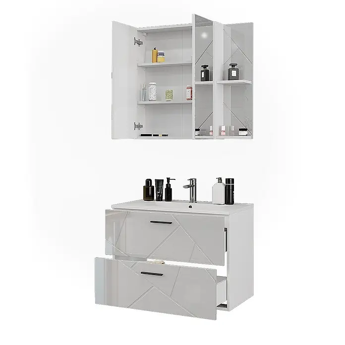 Vicco Badmöbel-Set Irma Weiß/Weiß Hochglanz 3 Teile - Weiß, Glänzend - Weißer glänzender Waschtischunterschrank mit geometrischem Muster, zwei Schubladen und passendem Wandschrank mit Spiegel und offenem Stauraum.