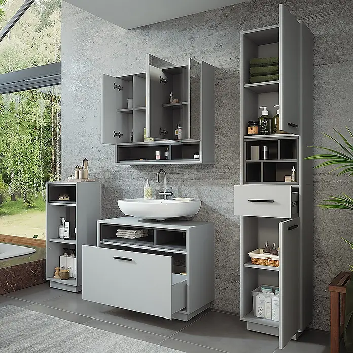 Vicco Badmöbel-Set Beatrice Grau/Anthrazit Set 4 - Grau, Matt - Modernes graues Badmöbelset mit Waschbeckenunterschrank, Wandschränken und Hochschränken, teils offen.