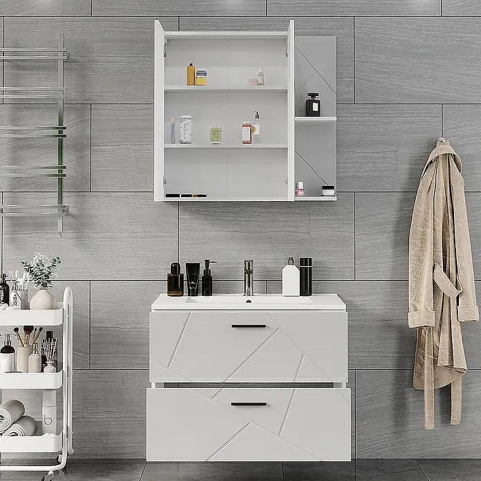 Vicco Badmöbel-Set Irma Weiß/Weiß Hochglanz 3 Teile - Weiß, Glänzend - Weißer Badunterschrank mit geometrischen Schubladen und passendem Spiegelschrank.
