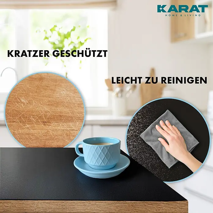 Karat Tischbelag Schräge Kante - 80 x 80 cm, Schwarz, Kunststoff - Dunkle, strukturierte Arbeitsplattenmatte. Kratzfest (gezeigtes Holzmuster) und leicht zu reinigen.