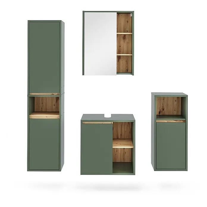 Vicco Badmöbel-Set Viola Grün/Artisan 4 Teile - Grün, Matt - Mattgrüne Badezimmermöbel mit Holzdetails: Hochschränke, Waschtischunterschrank und Spiegelschrank.