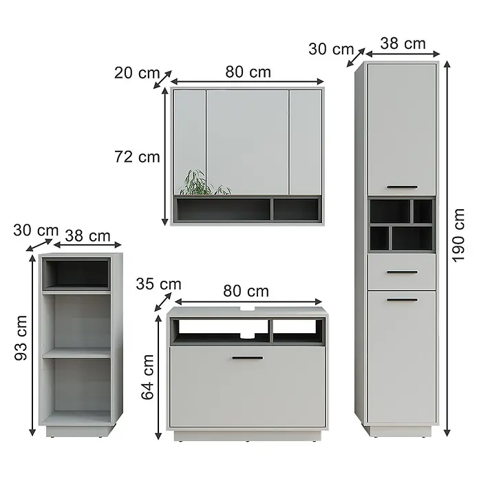 Vicco Badmöbel-Set Beatrice Grau/Anthrazit Set 4 - Grau, Matt - Hellesgraues modulares Wohnzimmermöbelset mit verschiedenen Schränken und Regalen.