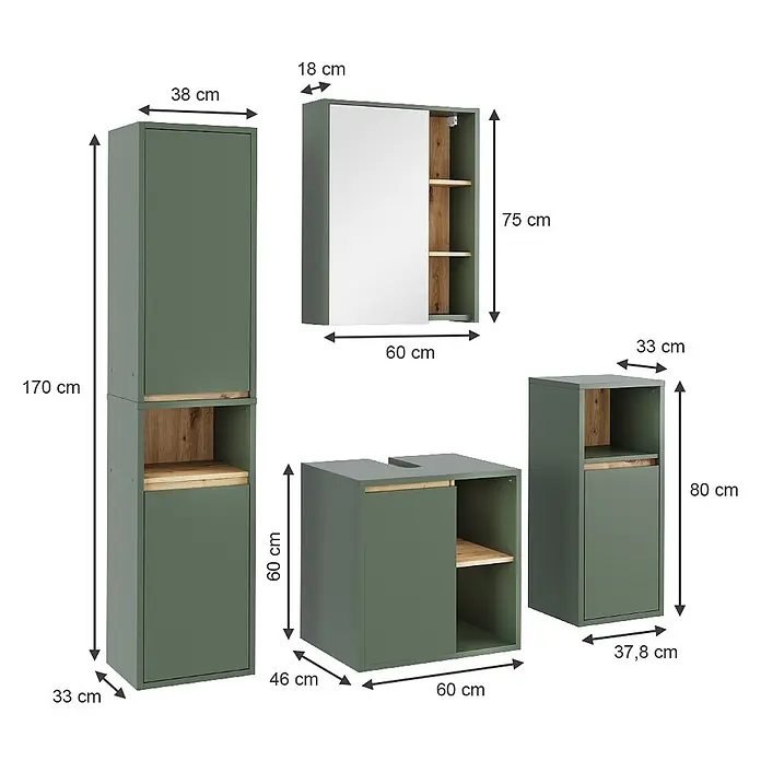 Vicco Badmöbel-Set Viola Grün/Artisan 4 Teile - Grün, Matt - Grünes Badezimmermöbelset mit Holzdetails. Beinhaltet Hochschrank, Spiegel-, Waschtisch- und Beistellschrank.