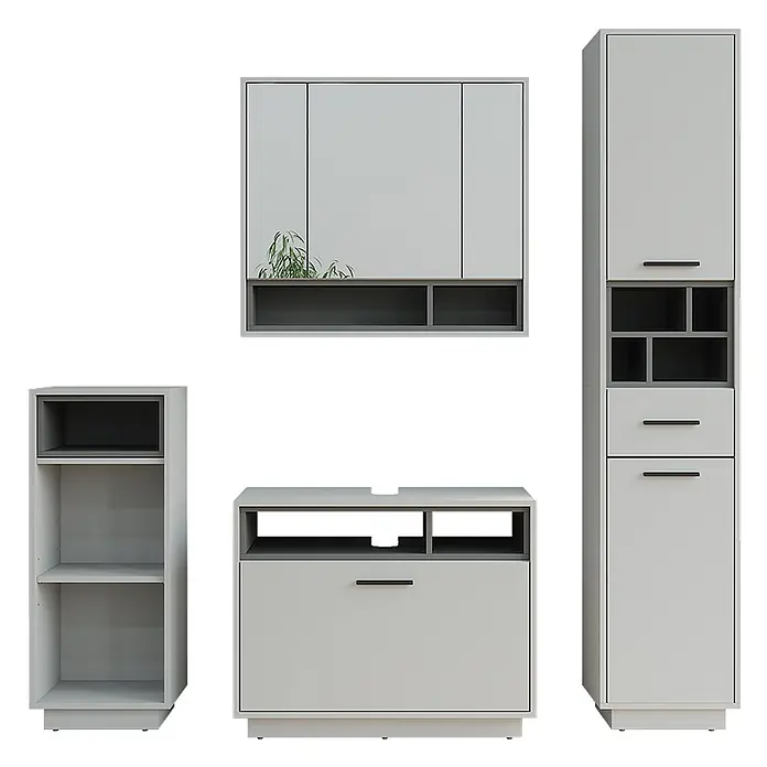 Vicco Badmöbel-Set Beatrice Grau/Anthrazit Set 4 - Grau, Matt - Modernes hell- und dunkelgraues modulares Stauraumset mit Schränken, Schubladen und offenen Regalen.