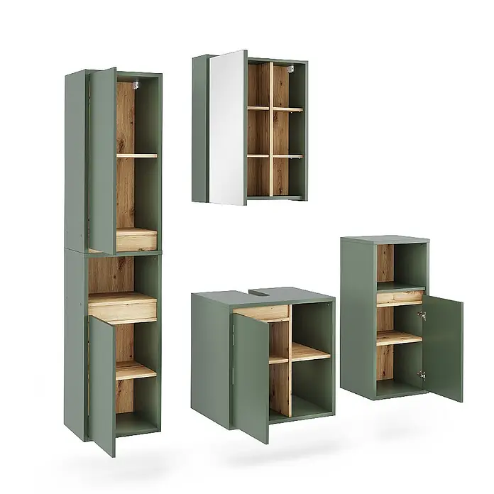 Vicco Badmöbel-Set Viola Grün/Artisan 4 Teile - Grün, Matt - Set aus salbeigrünen und naturfarbenen Badmöbeln: Hochschrank, Waschtischunterschrank und Spiegelschrank.