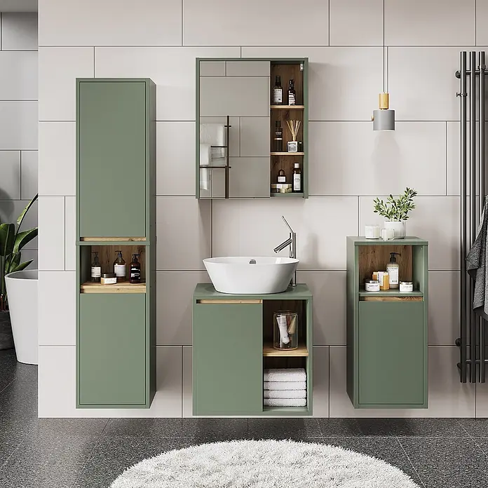 Vicco Badmöbel-Set Viola Grün/Artisan 4 Teile - Grün, Matt - Grünes modulares Badmöbelset mit Holzdetails und weißem Waschbecken.