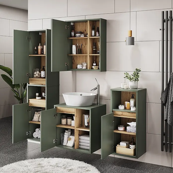 Vicco Badmöbel-Set Viola Grün/Artisan 4 Teile - Grün, Matt - Modulares dunkelgrünes und holzfarbenes Badmöbel-Set mit Waschbeckenunterschrank und offenen Schränken mit Toilettenartikeln.