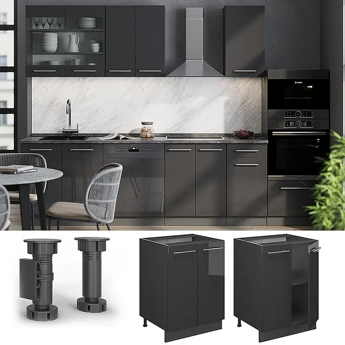 Vicco Schrankküche Fame-Line Anthrazit Hochglanz ohne Arbeitsplatte - Anthrazit Hochglanz, Unterschrank 60 cm - Moderne Küche mit dunkelgrauen Hochglanzschränken und Detailansichten von Sockelfüßen und einem Unterschrank.