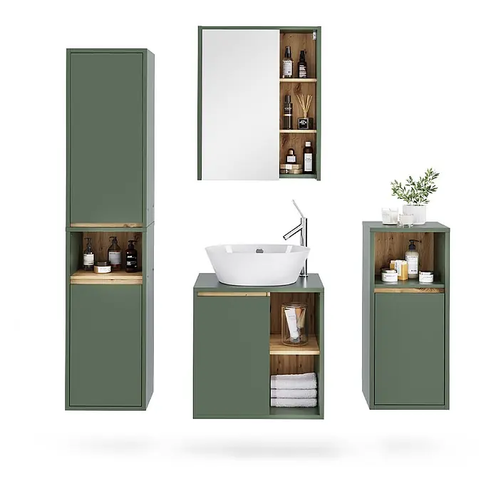 Vicco Badmöbel-Set Viola Grün/Artisan 4 Teile - Grün, Matt - Grünes modulares Badezimmermöbelset mit offenen Holzfächern und Waschbeckenunterschrank.