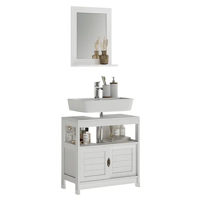Vicco Badmöbel-Set Vilda Weiß 2 Teile - Weiß, Matt - Weißer Badezimmerschrank mit Spiegel, rechteckigem Waschbecken, Chromarmatur und Lamellentüren.