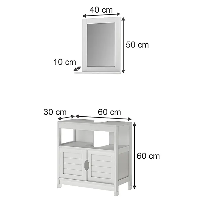 Vicco Badmöbel-Set Vilda Weiß 2 Teile - Weiß, Matt - Weißer Badspiegel mit Rahmen und Ablage, dazu passender weißer Holz-Waschtischunterschrank mit Lamellentüren.