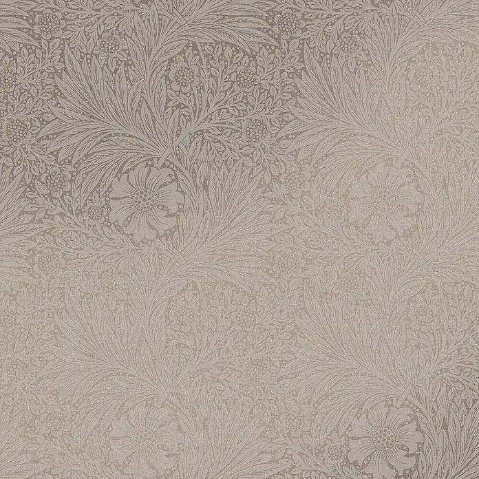 William Morris At Home Vliestapete Ringelblume, faserig - Beige, Floral, 1.000 x 52 cm - Beiges botanisches Muster mit dichtem Laub und stilisierten Blumen.