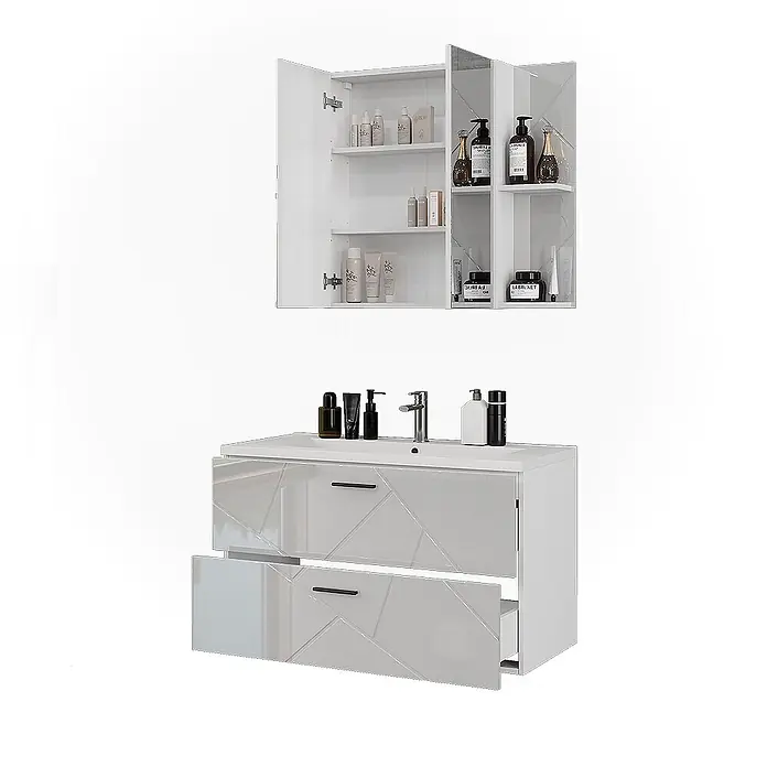 Vicco Badmöbel-Set Irma Weiß/Weiß Hochglanz 3 Teile - Weiß, Glänzend - Weißer, glänzender Waschtisch mit geometrischen Schubladen und passendem offenen Wandschrank mit Toilettenartikeln.
