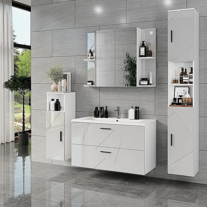 Vicco Badmöbel-Set Irma Weiß/Weiß Hochglanz 3 Teile - Weiß, Glänzend - Glänzendes weißes, modernes Badmöbelset mit texturiertem geometrischem Relief, bestehend aus Waschtischunterschrank, Hochschrank und Spiegel.
