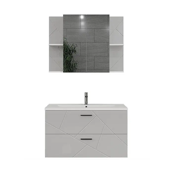 Vicco Badmöbel-Set Irma Weiß/Weiß Hochglanz 3 Teile - Weiß, Glänzend - Helles graues Badezimmerwaschtisch mit geometrischem Muster, integriertem Waschbecken, Chromarmatur und Spiegelschrank.