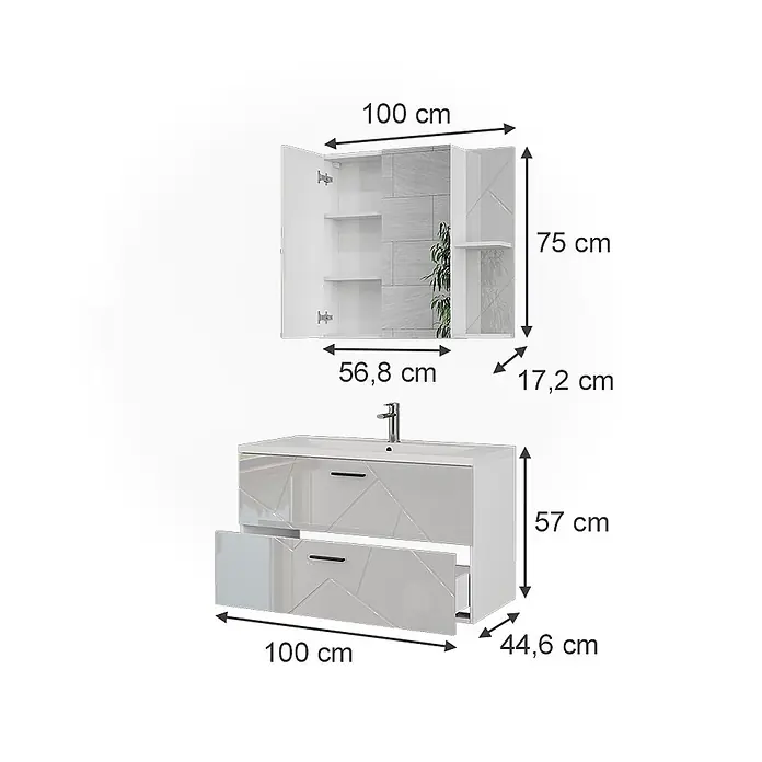 Vicco Badmöbel-Set Irma Weiß/Weiß Hochglanz 3 Teile - Weiß, Glänzend - Modernes weißes Badmöbel-Set: Spiegelschrank (100x75x17,2 cm) mit Ablagen und Waschtisch (100x57x44,6 cm) mit Becken und Schubladen.