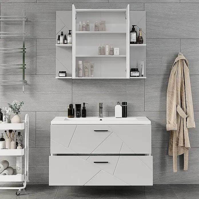 Vicco Badmöbel-Set Irma Weiß/Weiß Hochglanz 3 Teile - Weiß, Glänzend - Moderner weißer Badschrank mit geometrisch gemusterten Schubladen und integriertem Waschbecken, kombiniert mit einem passenden Wandschrank im Bad.
