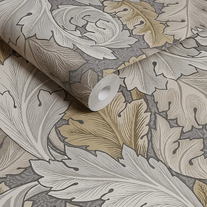 William Morris At Home Vliestapete Vliestapete Akanthus - Beige, Streifen, 10 x 0,52 m - Tapetenrolle mit detailliertem Akanthusblattmuster in Grau-, Beige- und Cremetönen.