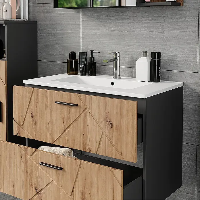 Vicco Badmöbel-Set Irma Anthrazit/Artisan 2 Teile - Anthrazit, Matt - Moderner schwarzer Badschrank mit weißem Waschbecken und zwei teilweise geöffneten Holzschubladen mit geometrischem Muster, die Stauraum zeigen.