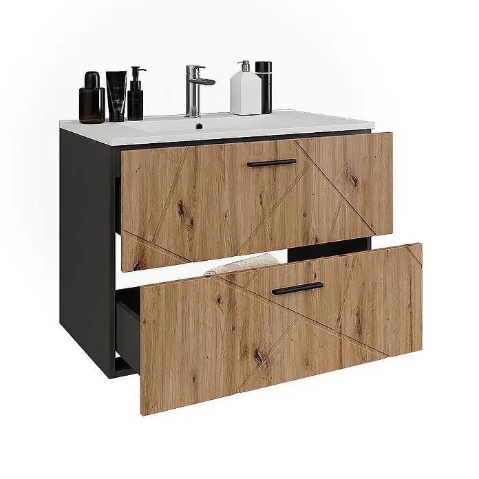 Vicco Badmöbel-Set Irma Anthrazit/Artisan 2 Teile - Anthrazit, Matt - Moderner Badezimmerschrank: weißes Waschbecken, schwarzer Rahmen, zwei teilweise geöffnete Schubladen in Holzoptik mit eingravierten geometrischen Mustern und schwarzen Griffen.