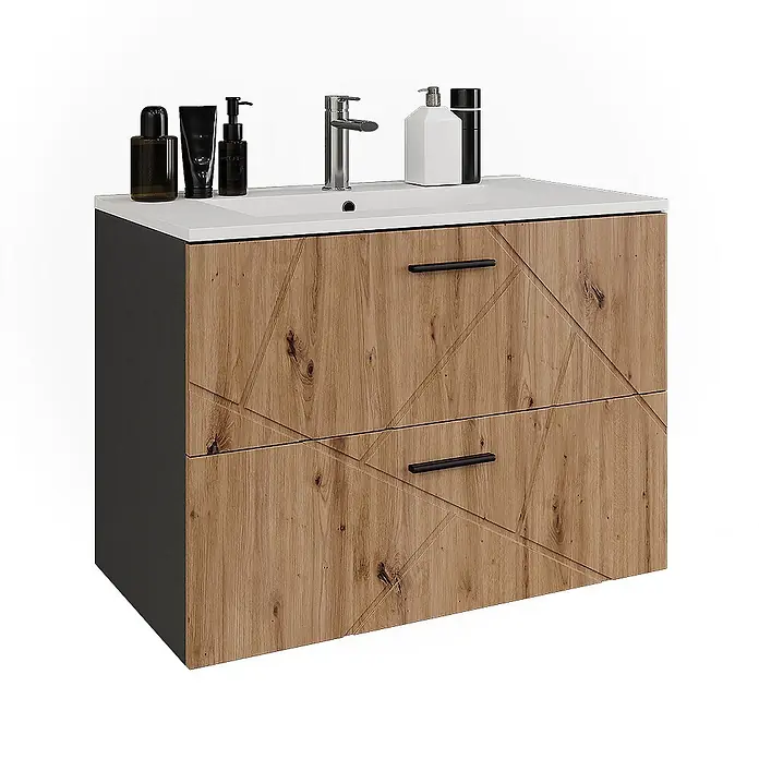 Vicco Badmöbel-Set Irma Anthrazit/Artisan 2 Teile - Anthrazit, Matt - Badezimmerunterschrank mit weißem Waschbecken, zwei Holzschubladen mit geometrischem Muster und dunkelgrauer Seitenwand.